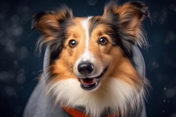 Lifestyle portrait photography of a funny shetland sheepdog wearing a jumper against a metallic...