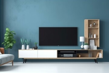 Modern living room with TV on cabinet against blue wall. Illustration. Generative AI