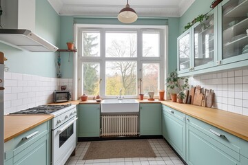 Bright kitchen with corner view, featuring cupboard. Generative AI