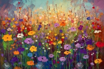 Oil painting of wildflower field in modern impressionism style with impasto texture. Generative AI