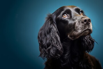 Photography in the style of pensive portraiture of a cute cocker spaniel wearing a snood against a...