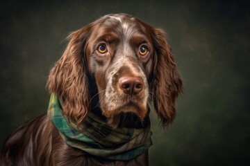 Photography in the style of pensive portraiture of a happy cocker spaniel wearing a cooling bandana...