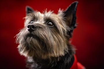 Close-up portrait photography of a cute cairn terrier wearing a sports jersey against a metallic...