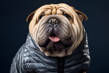 Close-up portrait photography of a happy chinese shar pei dog wearing a puffer jacket against a...
