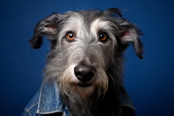 Medium shot portrait photography of a funny scottish deerhound wearing a denim vest against a metallic silver background. With generative AI technology