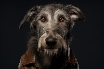 Medium shot portrait photography of a funny scottish deerhound wearing a denim vest against a...
