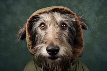 Group portrait photography of a happy scottish deerhound wearing a parka against a metallic silver background. With generative AI technology