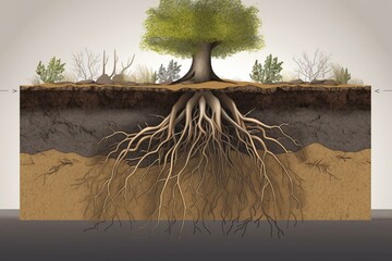 Illustration of underground structure with tree roots and soil cross section. Generative AI