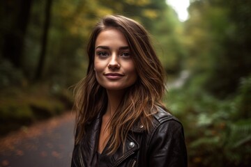 shot of a pretty young woman in nature wearing a leather jacket