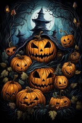 Halloween Jack. lantern pattern dark multicolored detailed shading watercolors, ornate