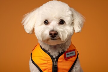 Headshot portrait photography of a funny bichon frise wearing a training vest against a beige background. With generative AI technology