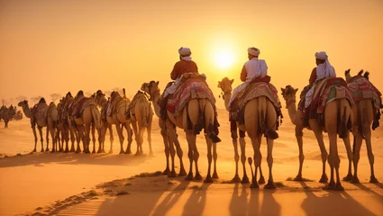 Foto auf Alu-Dibond Camels drivers with their camels in thar desert at sunset in sand dunes  © ponpary