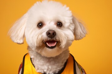 Headshot portrait photography of a funny bichon frise wearing a training vest against a beige background. With generative AI technology