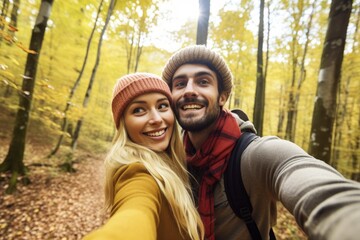Fototapeta premium shot of a young couple taking selfies while in the forest