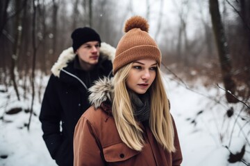 Fototapeta premium shot of a young couple in the woods during winter