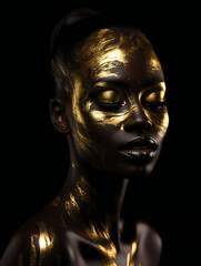 Partying woman portrait with golden style. Isolated black background..Generative AI.
