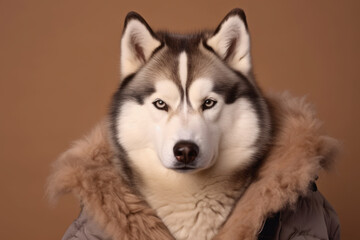 Obraz premium Headshot portrait photography of a funny siberian husky wearing a sherpa coat against a warm taupe background. With generative AI technology