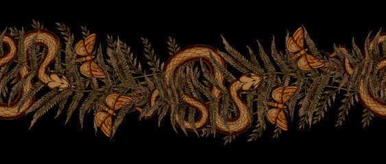 Golden snake in forest fern leaf and flying moth Magical gothic botanical seamless pattern on black background for wallpaper or fabric print Dark forest drawing