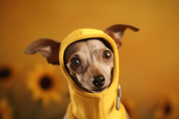 Close-up portrait photography of a smiling italian greyhound dog wearing a bee costume against a warm taupe background. With generative AI technology