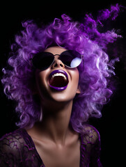 Partying woman portrait with purple style. Isolated black background..Generative AI.