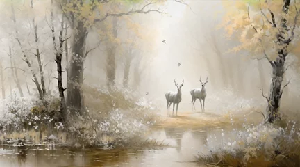 Fototapete Schmetterlinge im Grunge watercolor painting forest in autumn with trees and wildflowers with deer in lake a landscape for the interior art drawing