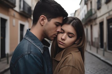 a cropped shot of a young couple embracing on a street