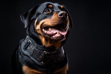 Lifestyle portrait photography of a smiling rottweiler wearing a paw protector against a cool gray...