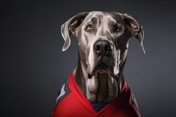 Headshot portrait photography of a happy great dane wearing a sports jersey against a cool gray background. With generative AI technology - obrazy, fototapety, plakaty