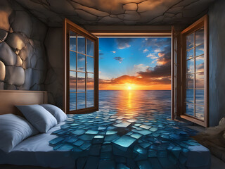 ocean invading the room through the window, Hobbies and leisure concept, generative ai