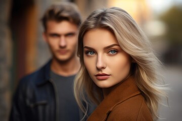 portrait of a pretty young woman standing in front of her boyfriend