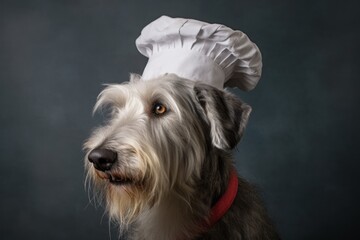 Lifestyle portrait photography of a happy irish wolfhound dog wearing a chef hat against a cool gray background. With generative AI technology