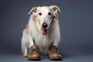 Close-up portrait photography of a happy borzoi wearing a pair of booties against a cool gray background. With generative AI technology