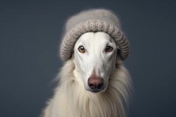 Full-length portrait photography of a smiling borzoi wearing a winter hat against a cool gray background. With generative AI technology