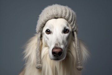 Full-length portrait photography of a smiling borzoi wearing a winter hat against a cool gray background. With generative AI technology