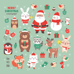 Christmas collection. Vector set of holiday icons and characters. Santa, snowman and cute animals. Kids illustration for Christmas time.