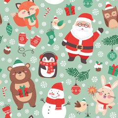 Christmas seamless pattern with cute funny characters for Christmas and New Year celebration. Colorful festive background - 644151094