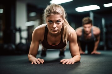 Fototapeta premium portrait of a young woman doing some pushups while working out with her personal trainer at the gym