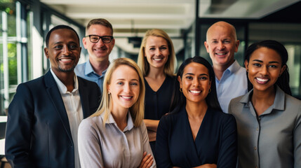 Happy business team standing together at office. Generative AI