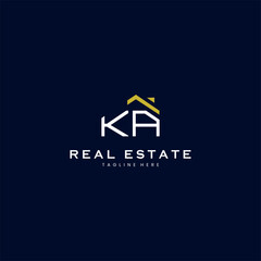 modern KA letter real estate logo in linear style with simple roof building in blue - obrazy, fototapety, plakaty