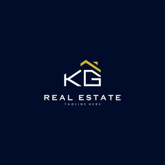modern KG letter real estate logo in linear style with simple roof building in blue - obrazy, fototapety, plakaty