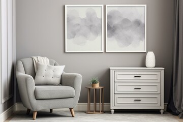 A room with gray decor, two posters, a dresser, and an armchair. Generative AI