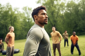 shot of a man leading his group at a fitness boot camp