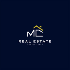 modern MC letter real estate logo in linear style with simple roof building in blue - obrazy, fototapety, plakaty