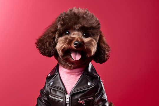 Group Portrait Photography Of A Happy Poodle Wearing A Leather Jacket Against A Ruby Red Background. With Generative AI Technology