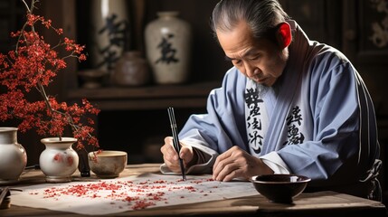 Japanese man demonstrates writing kanji. Art, tradition