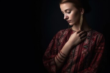 cropped studio shot of a woman wearing an attractive dress with interesting patterns