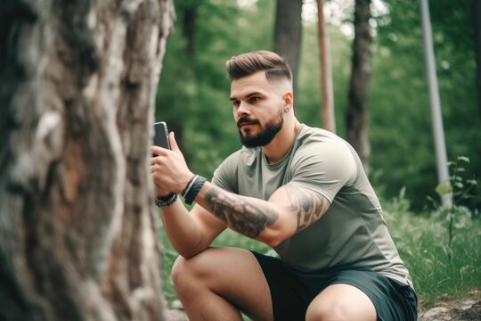 shot of a young man using his smartphone to take pictures during his outdoor workout