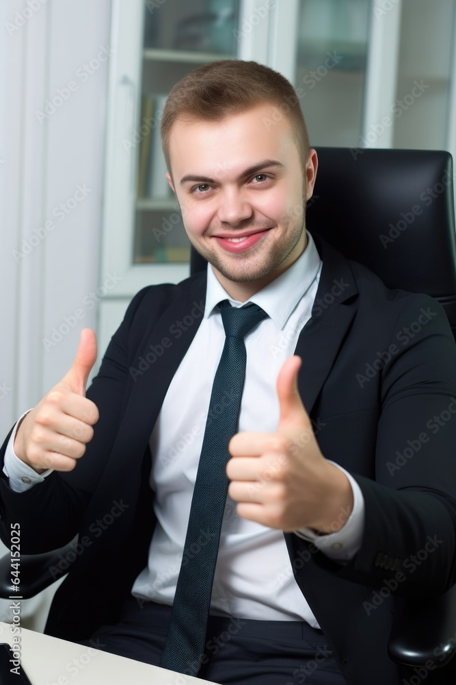 Canvas Prints portrait of a happy young man giving the thumbs up in an office