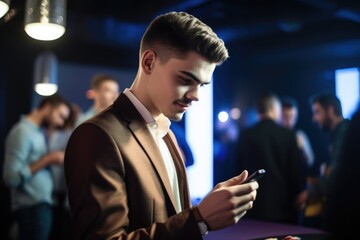 shot of a young man using a mobile phone at an event organized by speed dating company