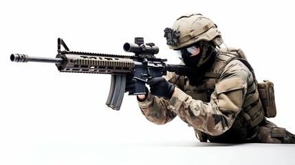 Fototapeta premium Military Soldier Aiming Rifle Isolated on White. Generative ai